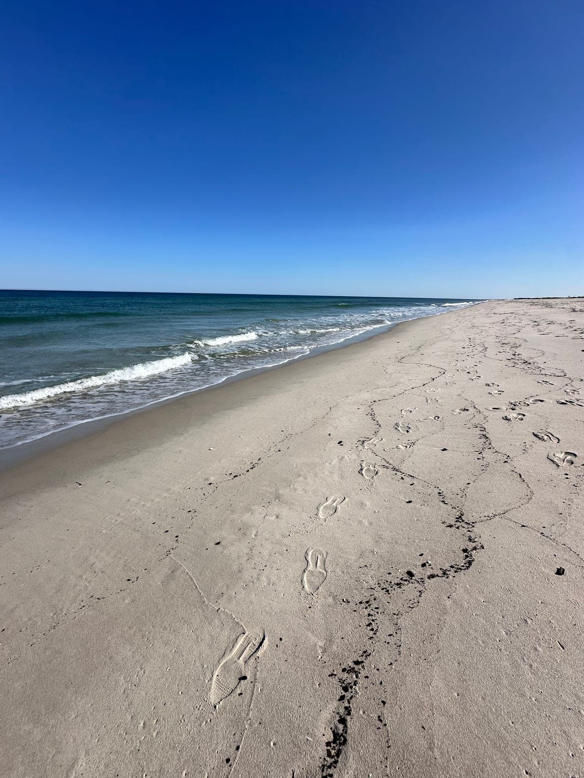 Footprints along an empty Grand Strand beach under a clear sky